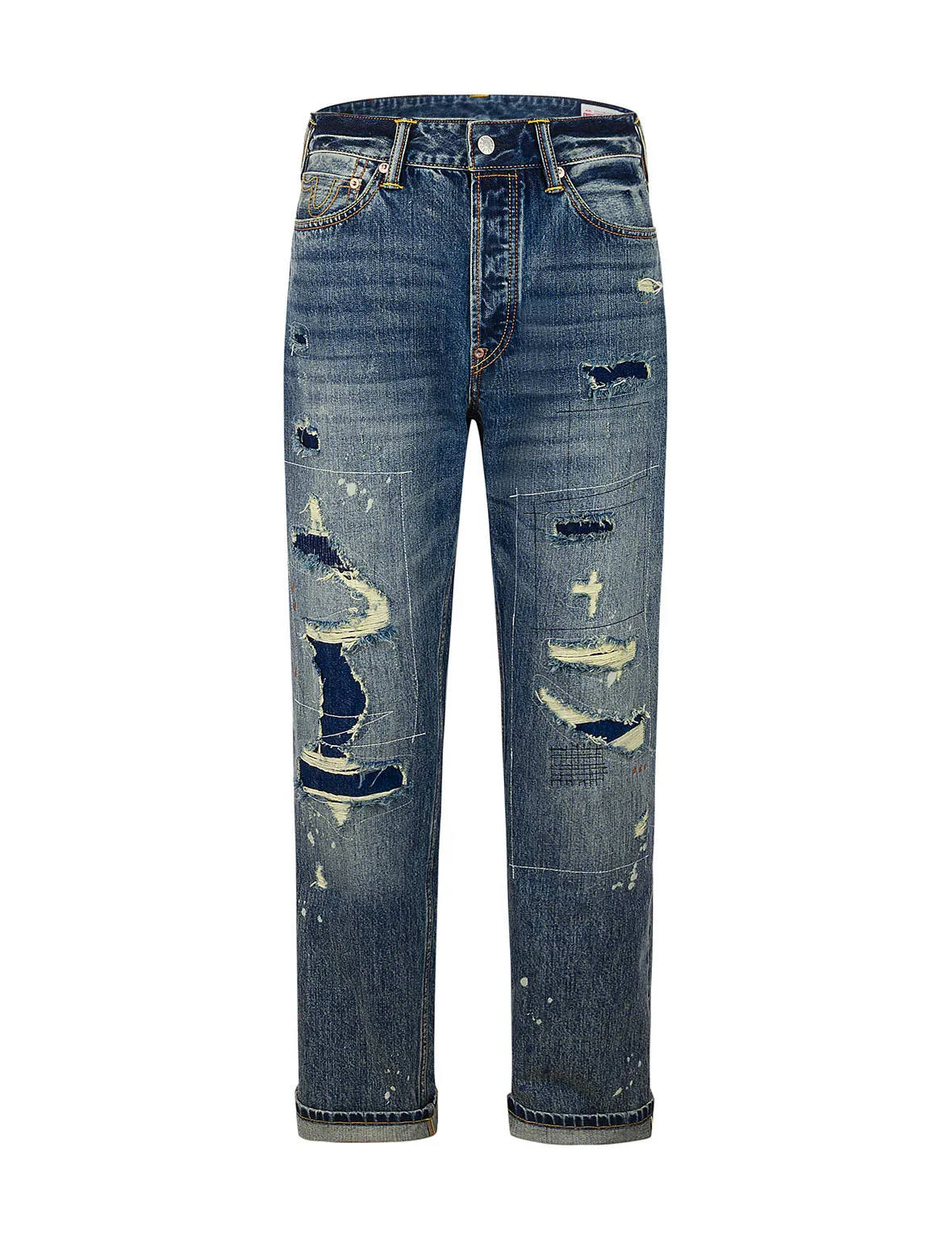 Deconstructed Inserted Seagull Embroidery Regular Fit Jeans #2000