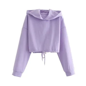 DRAWSTRING TIED LOOSE CROPPED HOODIE