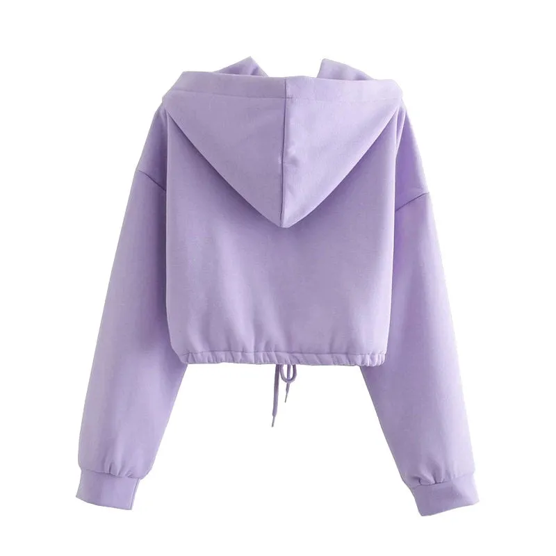 DRAWSTRING TIED LOOSE CROPPED HOODIE