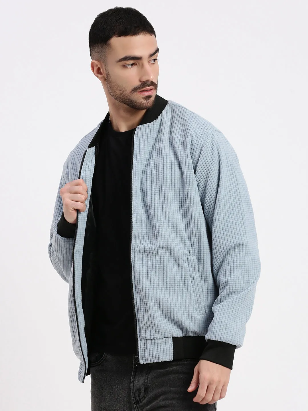 Men Blue Mandarin Collar Solid Bomber Jacket
