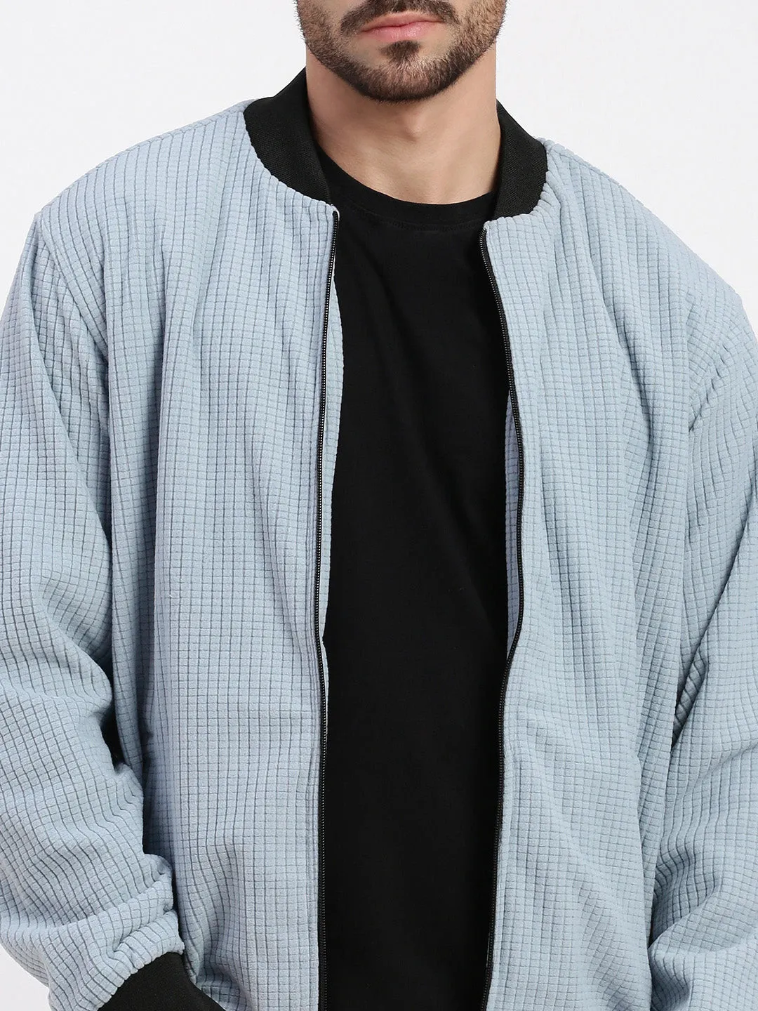 Men Blue Mandarin Collar Solid Bomber Jacket