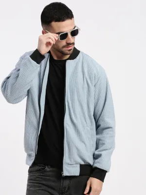 Men Blue Mandarin Collar Solid Bomber Jacket