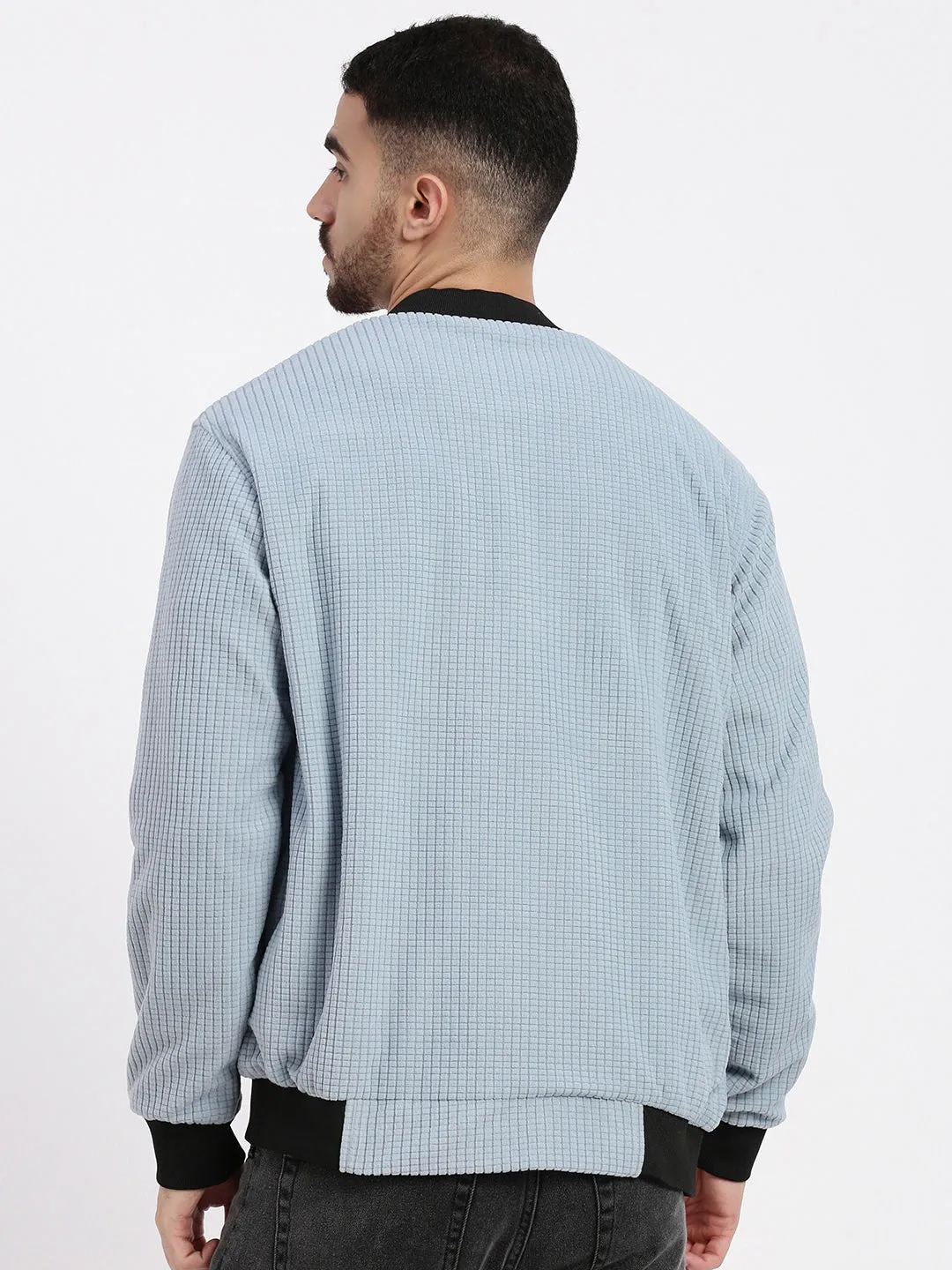 Men Blue Mandarin Collar Solid Bomber Jacket