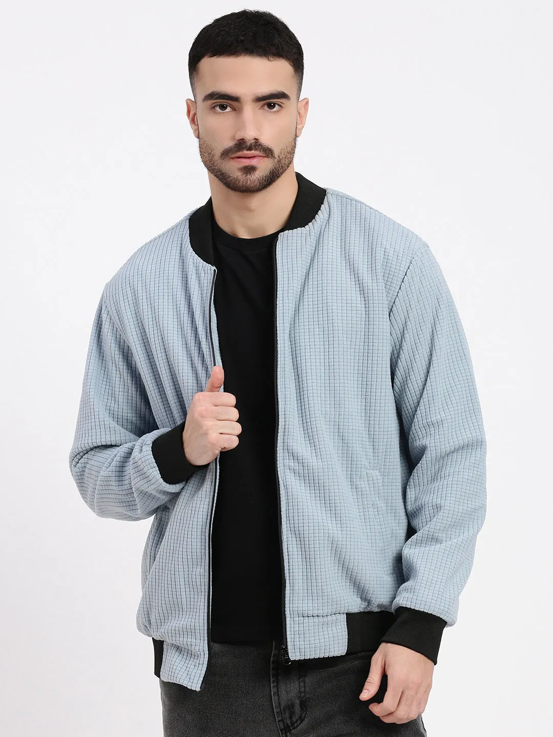 Men Blue Mandarin Collar Solid Bomber Jacket