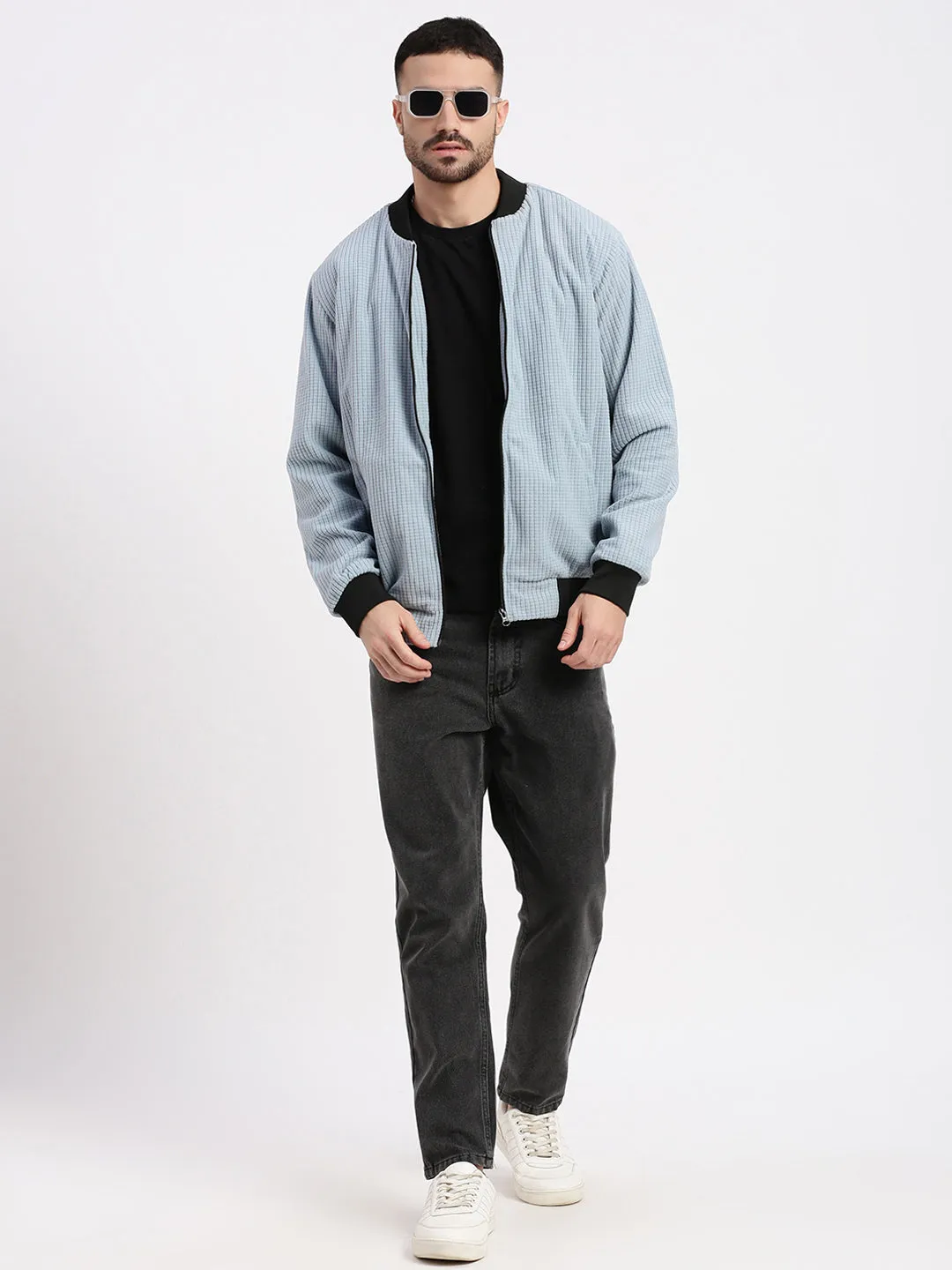 Men Blue Mandarin Collar Solid Bomber Jacket