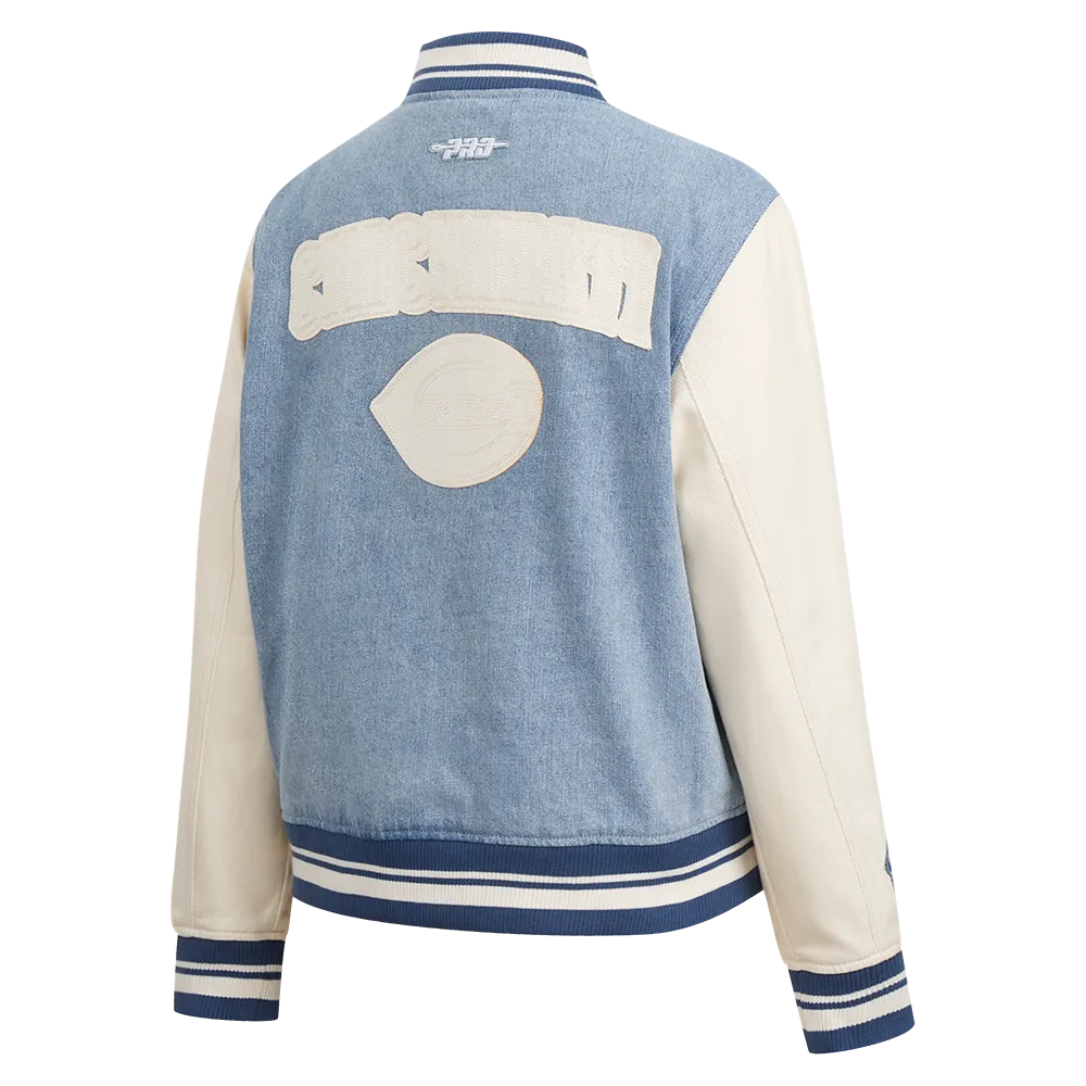 MLB CINCINNATI REDS VARSITY BLUES WOMEN'S DENIM VARSITY JACKET (DENIM/LINEN)
