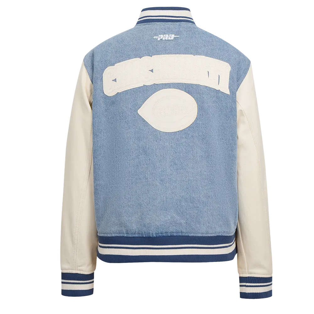 MLB CINCINNATI REDS VARSITY BLUES WOMEN'S DENIM VARSITY JACKET (DENIM/LINEN)