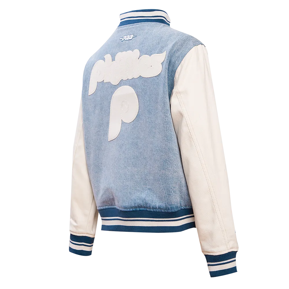 MLB PHILADELPHIA PHILLIES VARSITY BLUES WOMEN'S DENIM VARSITY JACKET (DENIM/LINEN)