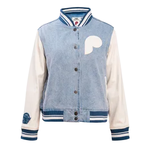 MLB PHILADELPHIA PHILLIES VARSITY BLUES WOMEN'S DENIM VARSITY JACKET (DENIM/LINEN)