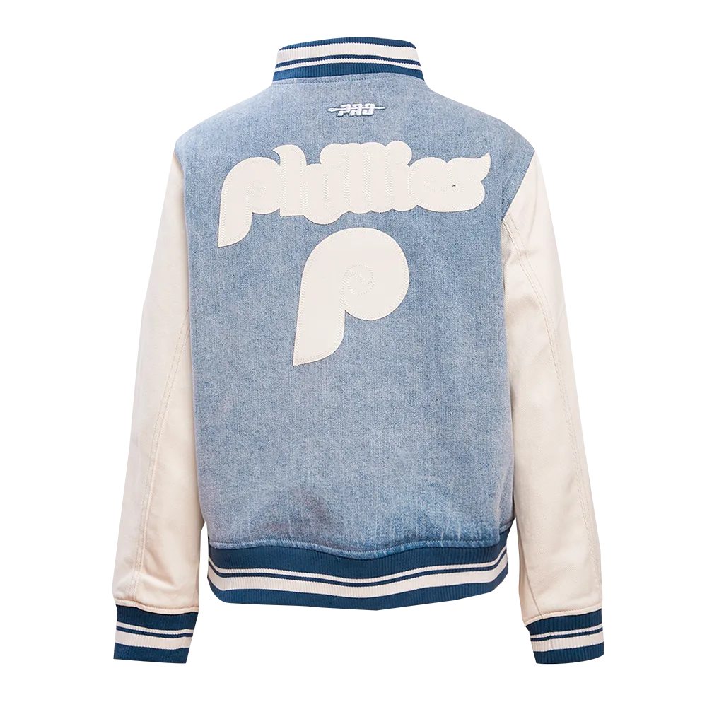 MLB PHILADELPHIA PHILLIES VARSITY BLUES WOMEN'S DENIM VARSITY JACKET (DENIM/LINEN)