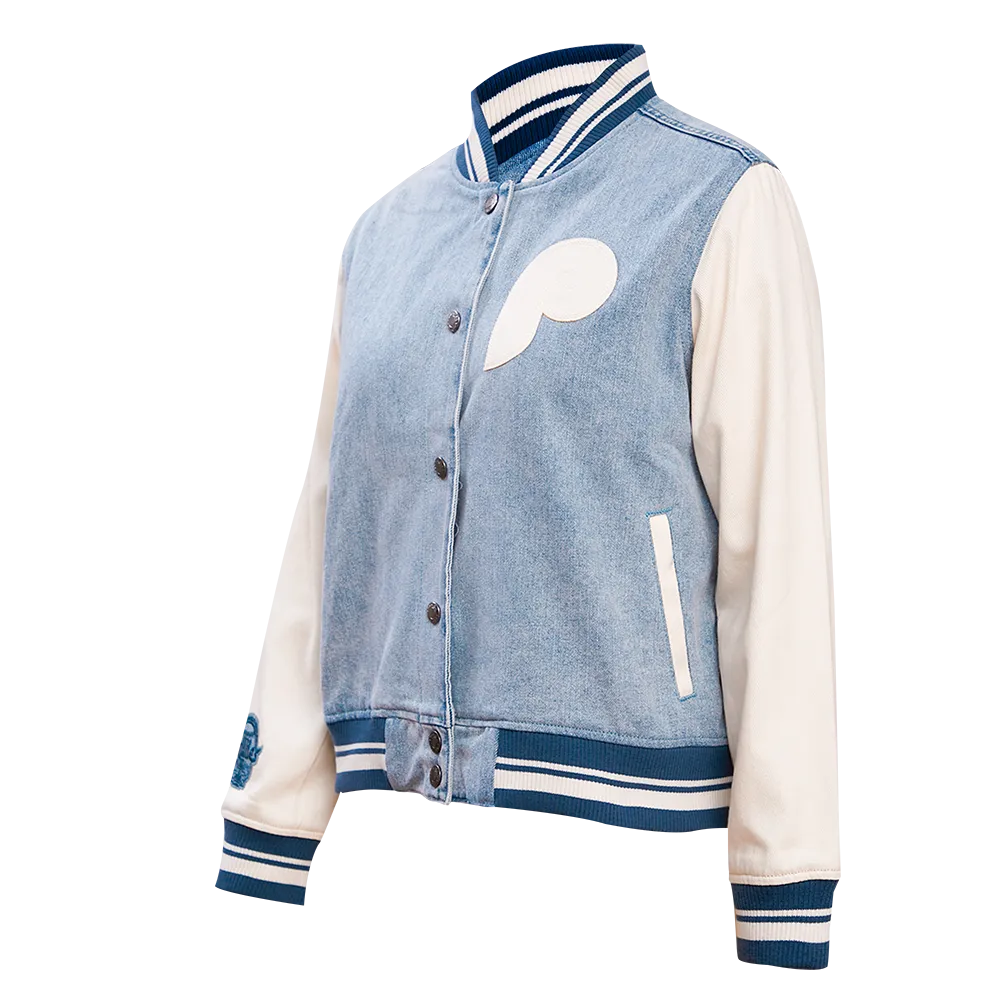 MLB PHILADELPHIA PHILLIES VARSITY BLUES WOMEN'S DENIM VARSITY JACKET (DENIM/LINEN)
