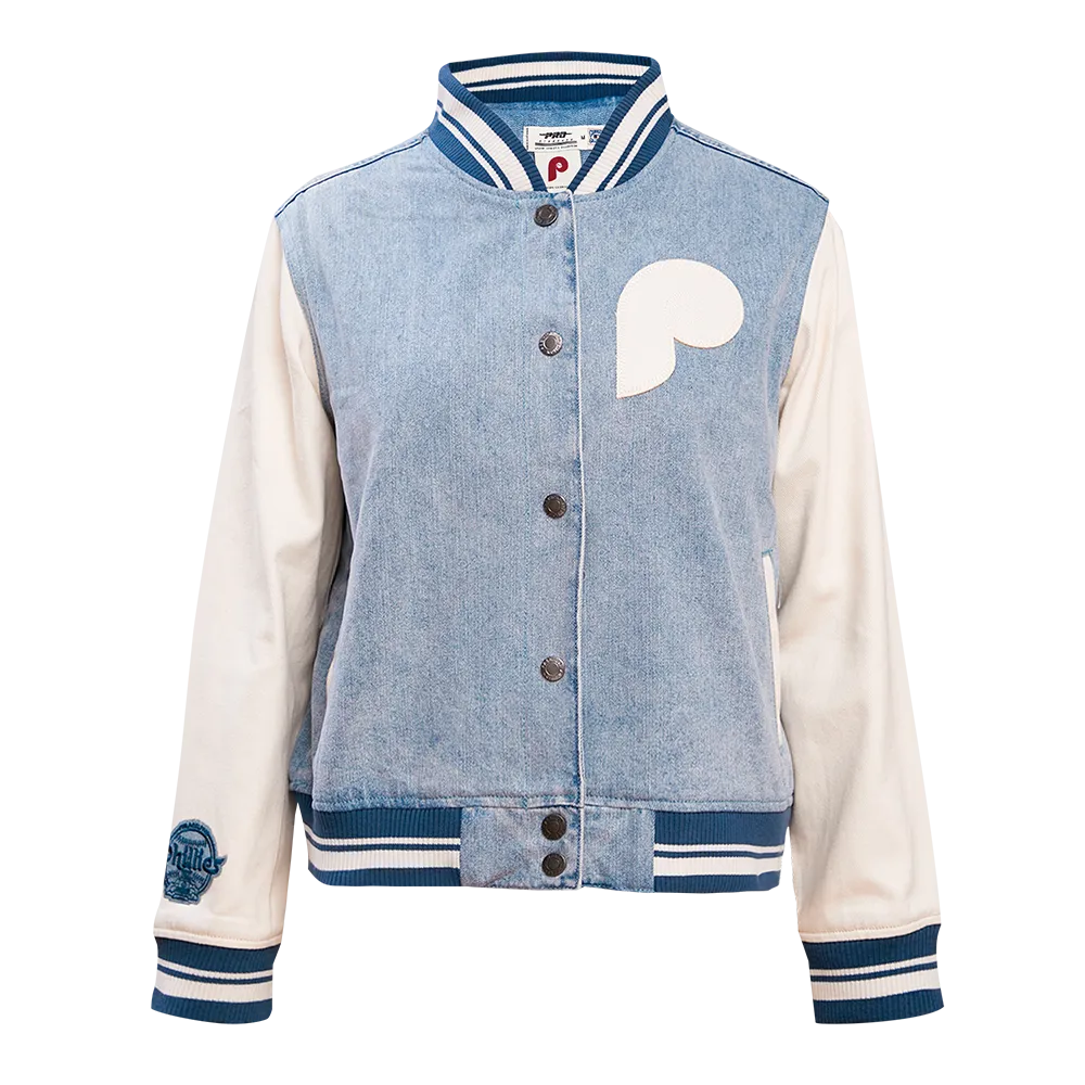 MLB PHILADELPHIA PHILLIES VARSITY BLUES WOMEN'S DENIM VARSITY JACKET (DENIM/LINEN)
