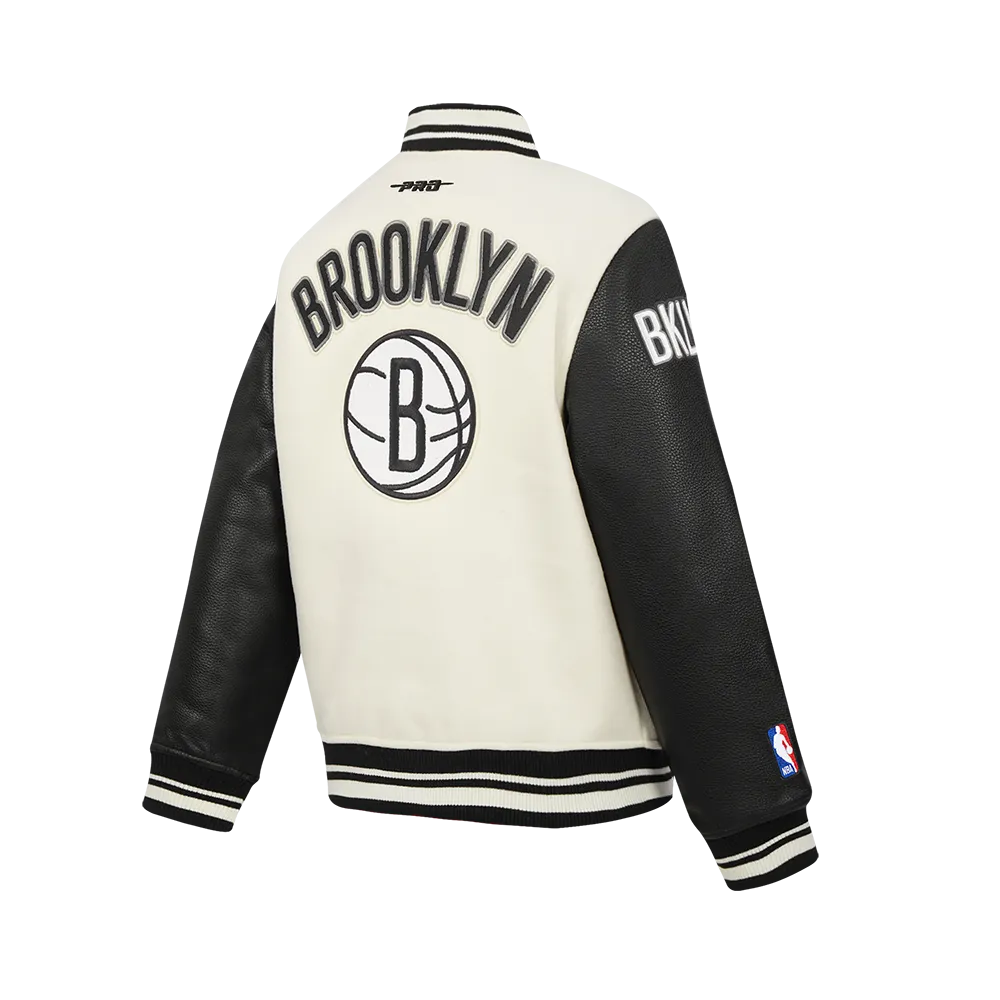 NBA BROOKLYN NETS RETRO CLASSIC BIG BOYS RIB WOOL VARSITY JACKET (BLACK/GRAY)