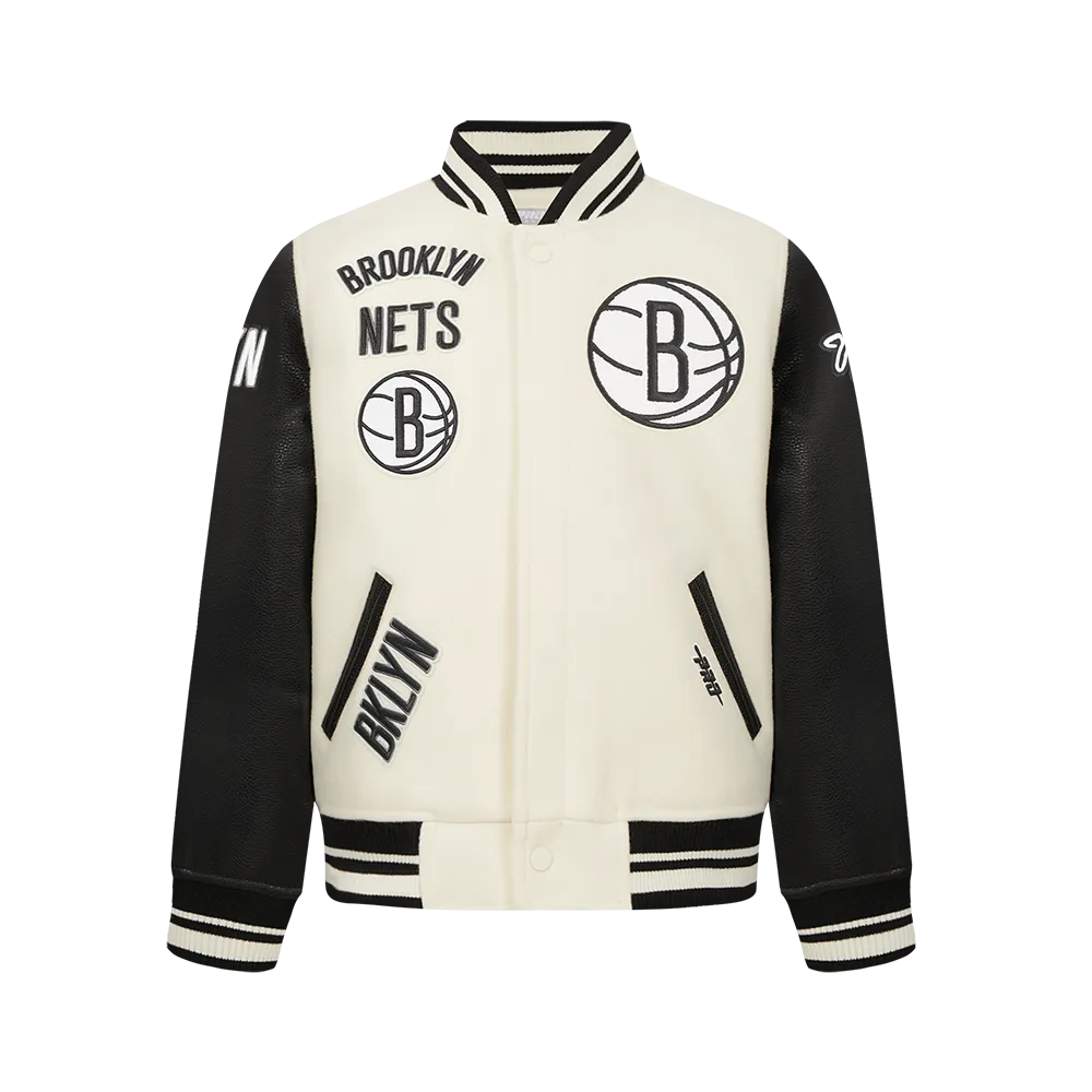 NBA BROOKLYN NETS RETRO CLASSIC BIG BOYS RIB WOOL VARSITY JACKET (BLACK/GRAY)