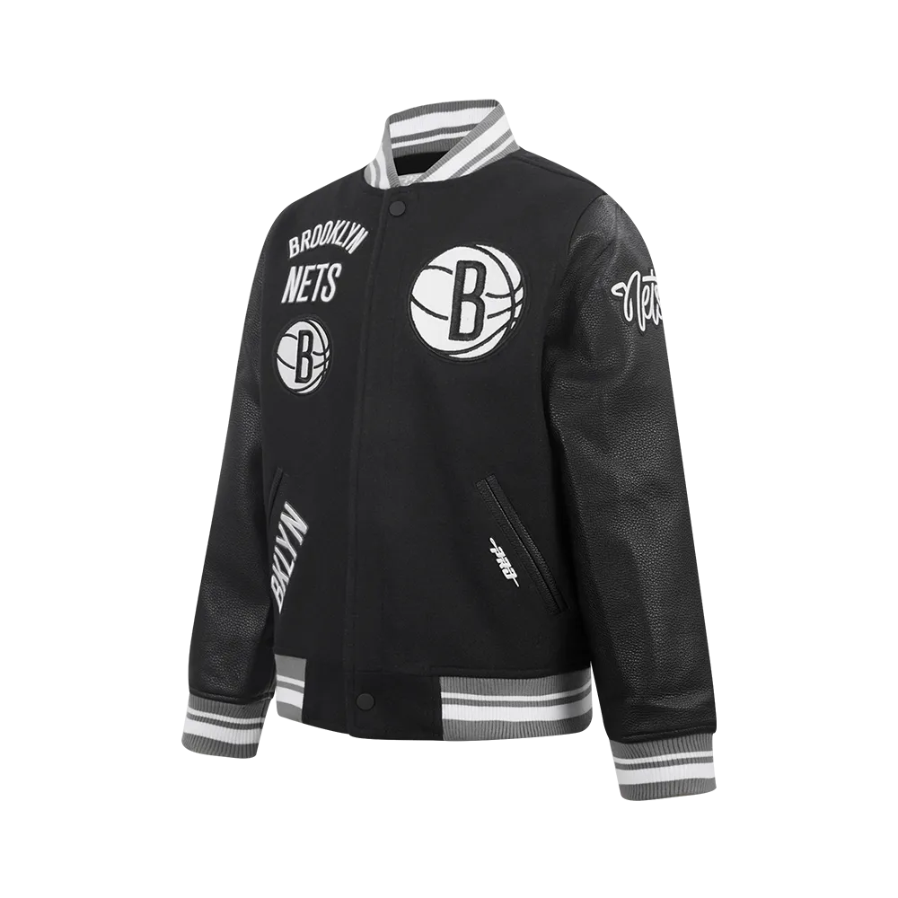 NBA BROOKLYN NETS RETRO CLASSIC BIG BOYS RIB WOOL VARSITY JACKET (BLACK/GRAY)