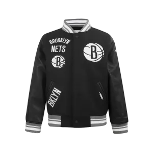 NBA BROOKLYN NETS RETRO CLASSIC BIG BOYS RIB WOOL VARSITY JACKET (BLACK/GRAY)