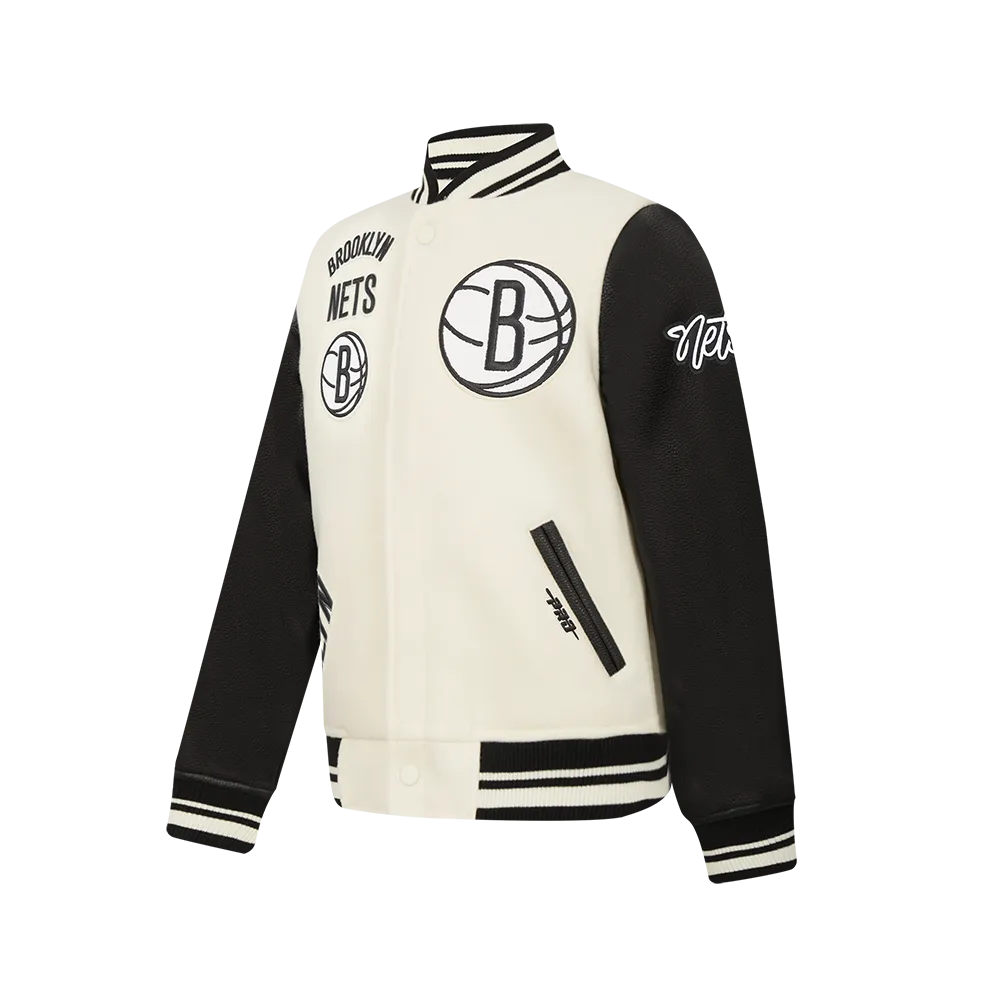 NBA BROOKLYN NETS RETRO CLASSIC BIG BOYS RIB WOOL VARSITY JACKET (BLACK/GRAY)