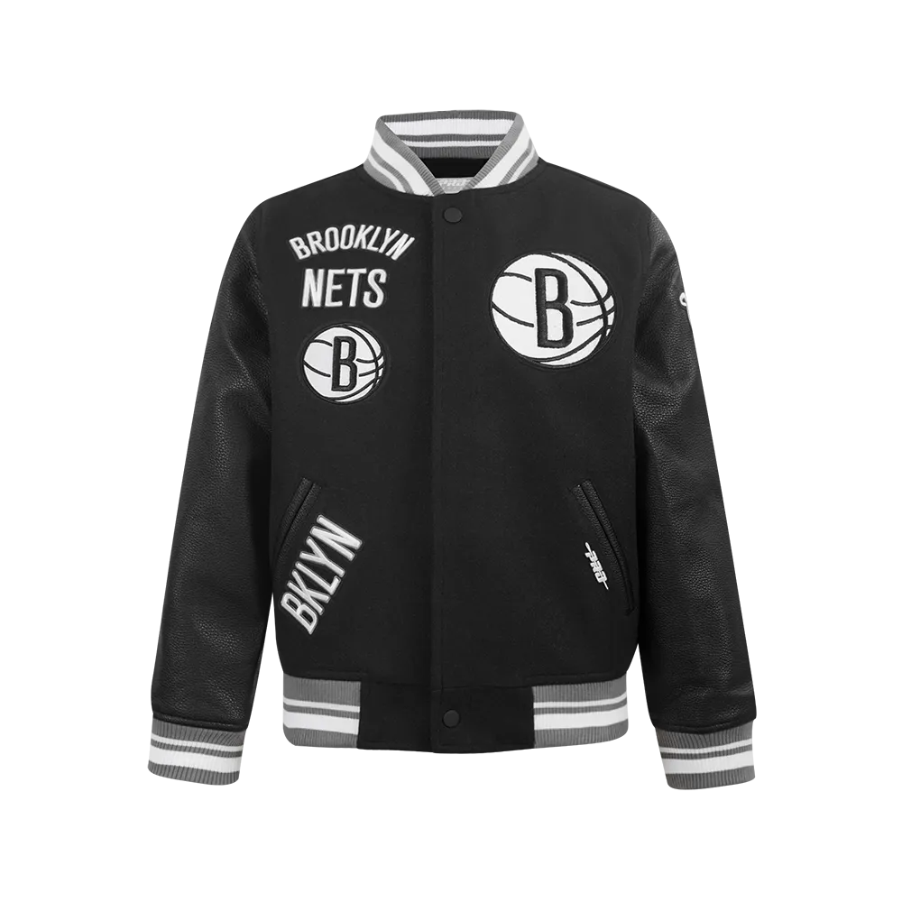 NBA BROOKLYN NETS RETRO CLASSIC BIG BOYS RIB WOOL VARSITY JACKET (BLACK/GRAY)
