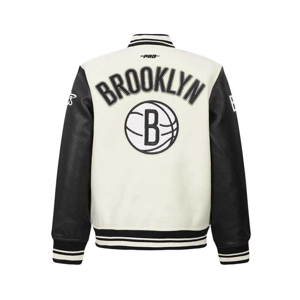NBA BROOKLYN NETS RETRO CLASSIC BIG BOYS RIB WOOL VARSITY JACKET (BLACK/GRAY)