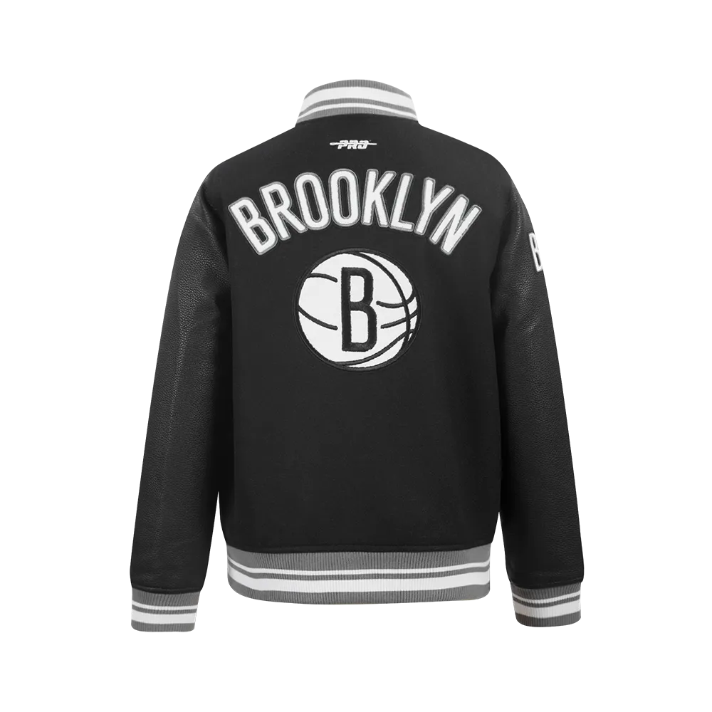 NBA BROOKLYN NETS RETRO CLASSIC BIG BOYS RIB WOOL VARSITY JACKET (BLACK/GRAY)