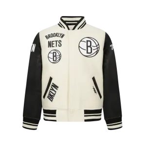 NBA BROOKLYN NETS RETRO CLASSIC BIG BOYS RIB WOOL VARSITY JACKET (EGGSHELL/ BLACK)