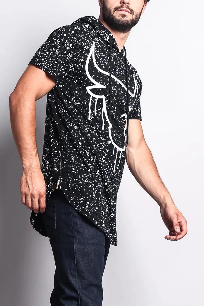 Paint Splattered Bull Logo Long Length Curved Hem Hooded T-Shirt