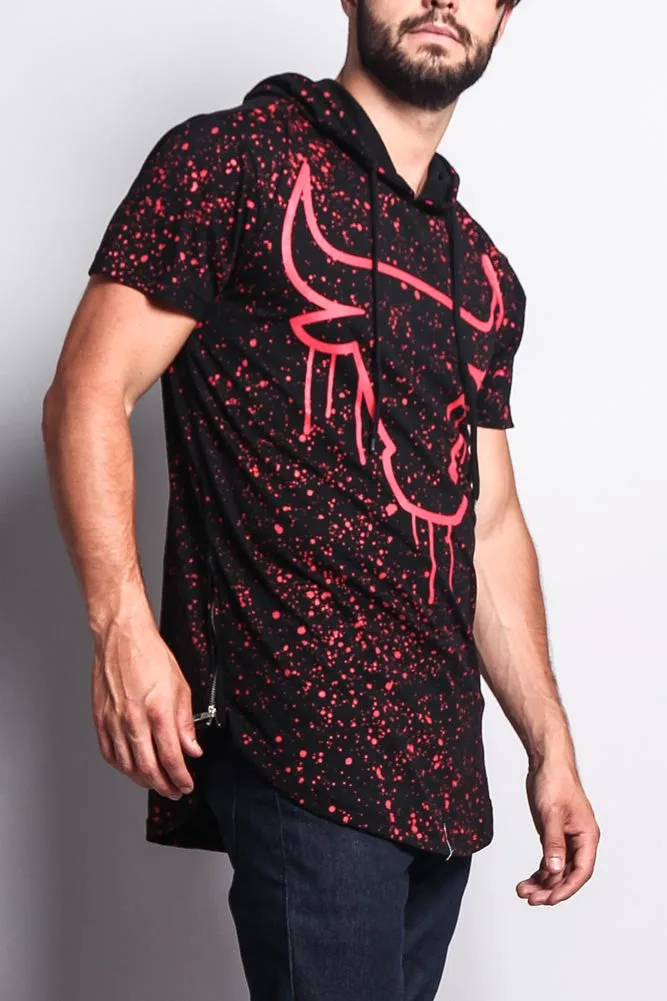 Paint Splattered Bull Logo Long Length Curved Hem Hooded T-Shirt