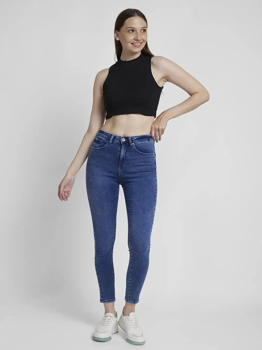 Spykar Women Mid Blue Lycra Super Skinny Fit Ankle Length Low Distressed Jeans -(Alexa)