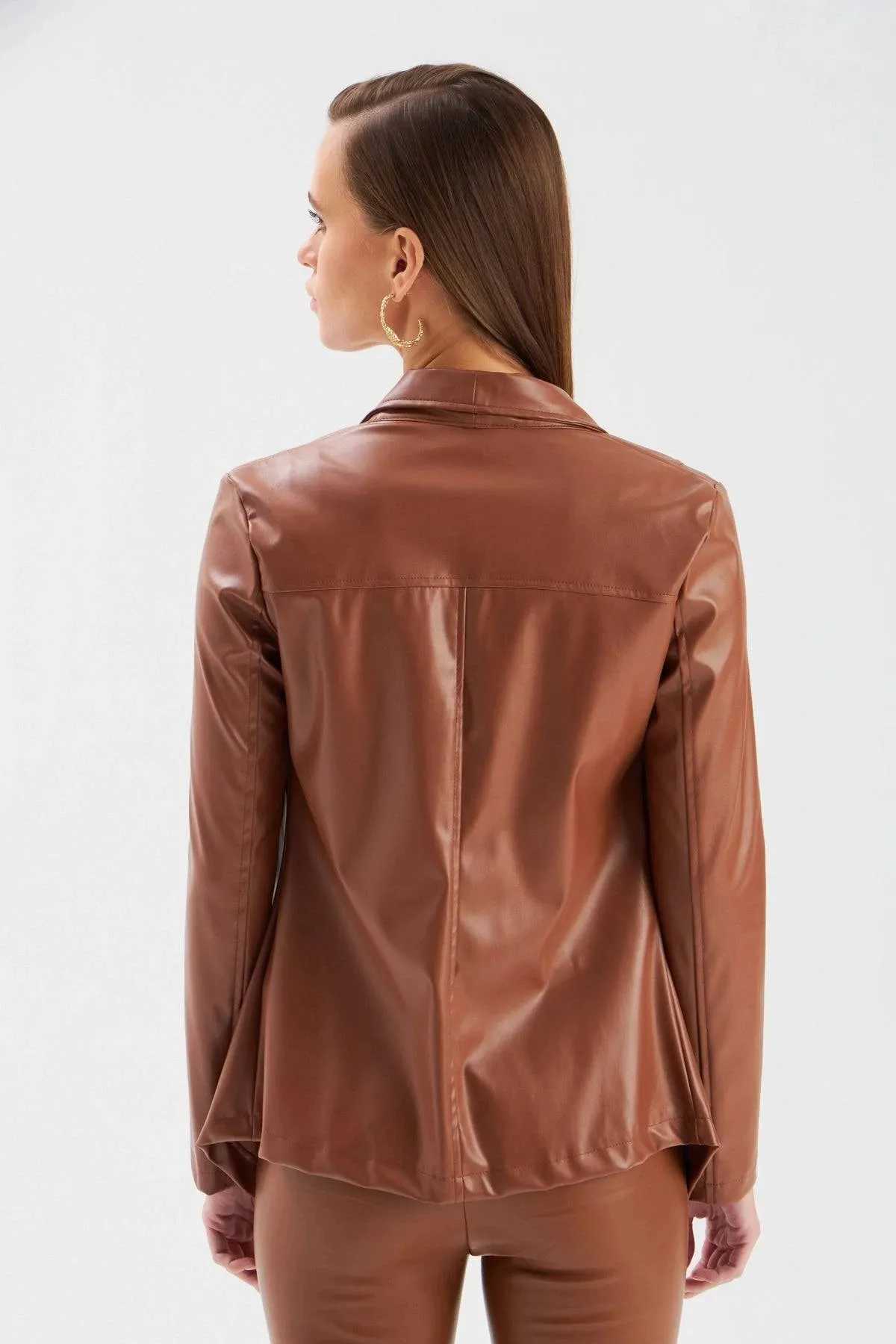Wide Collar Leather Jacket - Brown