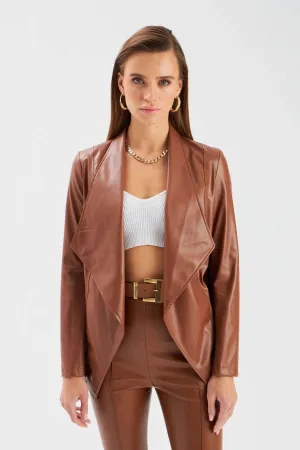 Wide Collar Leather Jacket - Brown