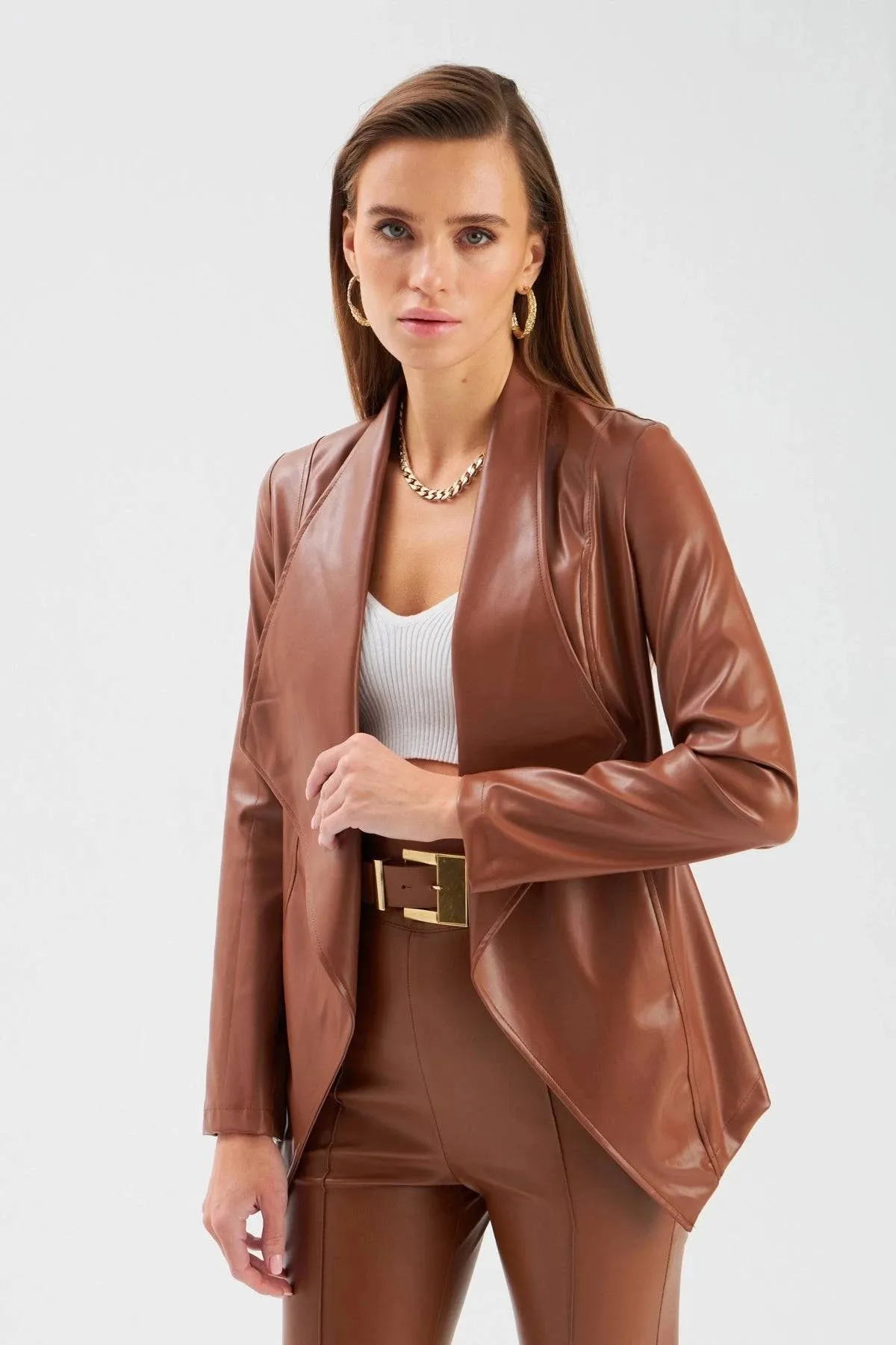 Wide Collar Leather Jacket - Brown