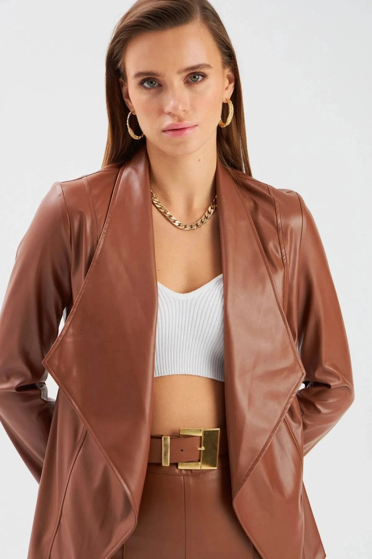 Wide Collar Leather Jacket - Brown
