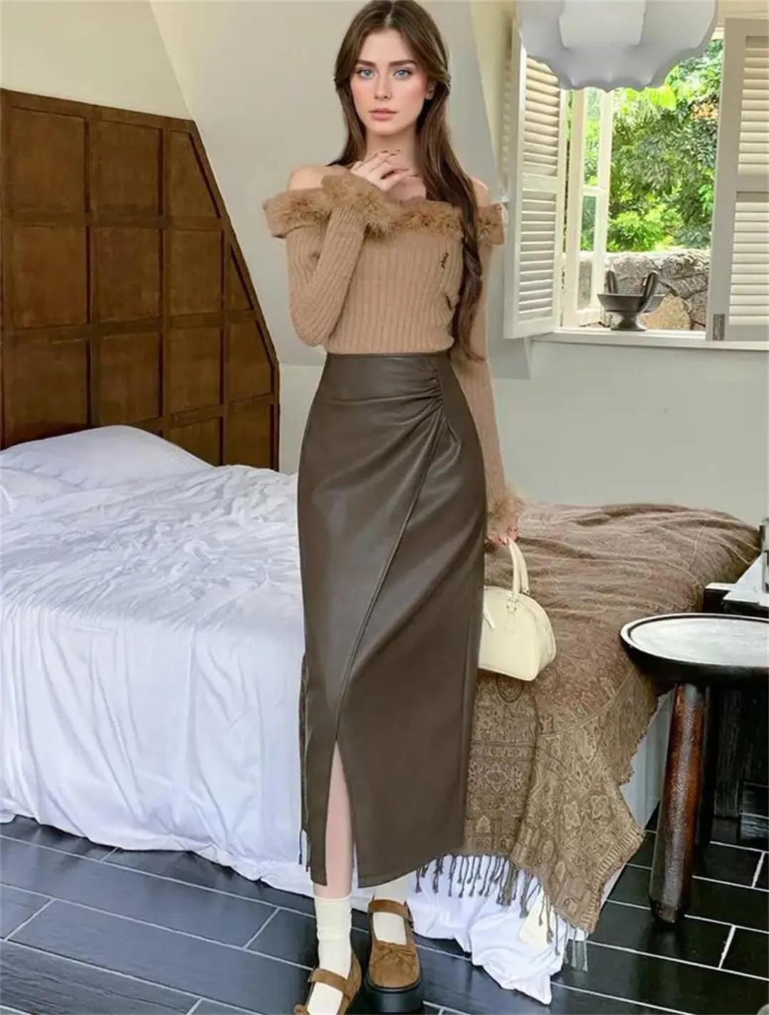 Women Irregular PU Leather Pencil Skirts High Waist Sexy Open Split Slim Midi Skirt