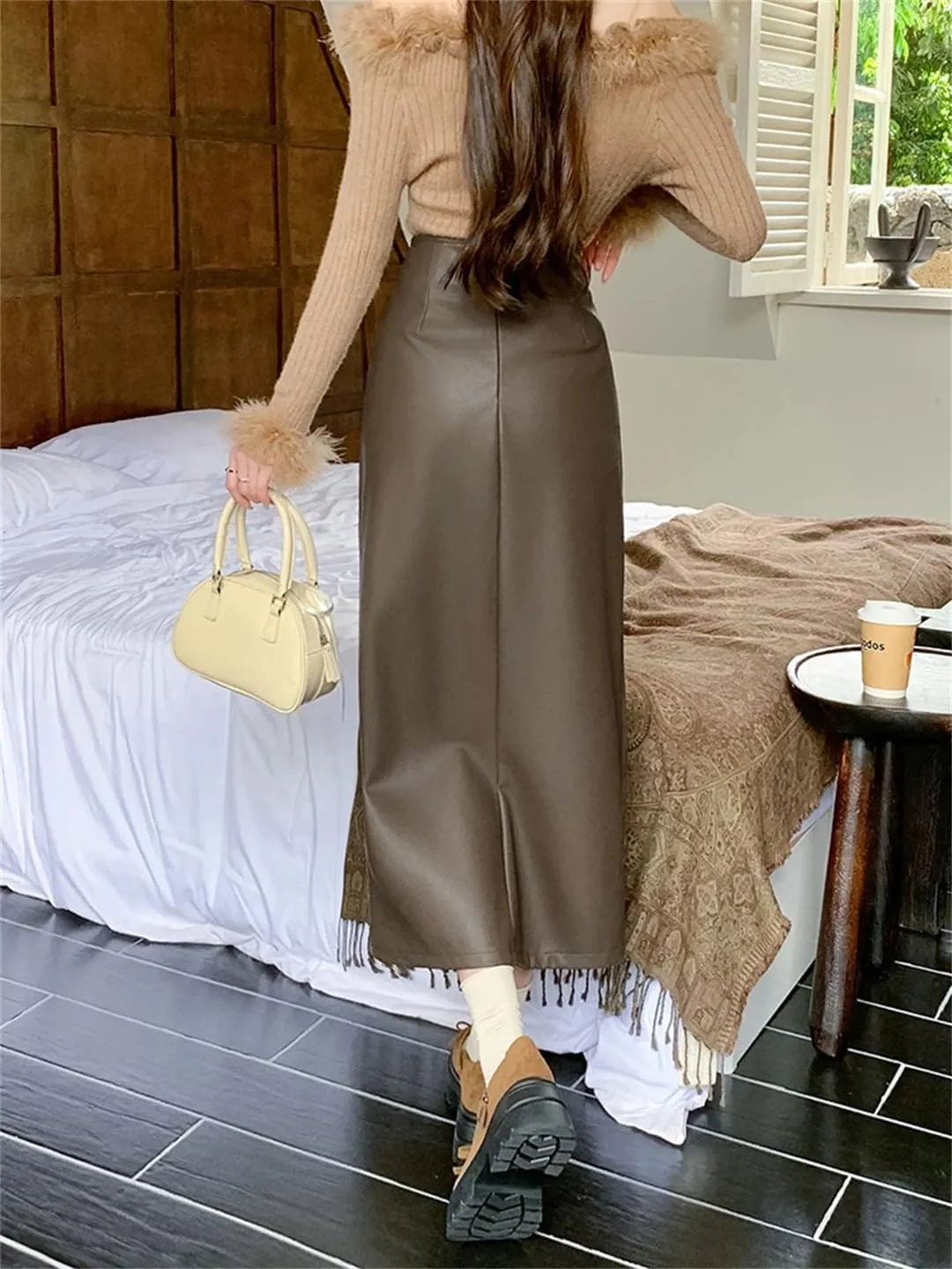 Women Irregular PU Leather Pencil Skirts High Waist Sexy Open Split Slim Midi Skirt