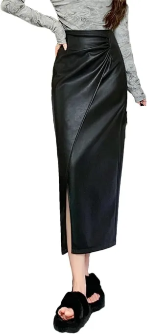 Women Irregular PU Leather Pencil Skirts High Waist Sexy Open Split Slim Midi Skirt