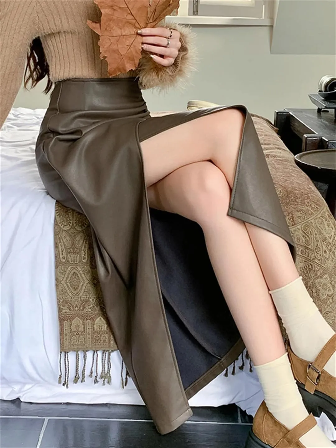 Women Irregular PU Leather Pencil Skirts High Waist Sexy Open Split Slim Midi Skirt