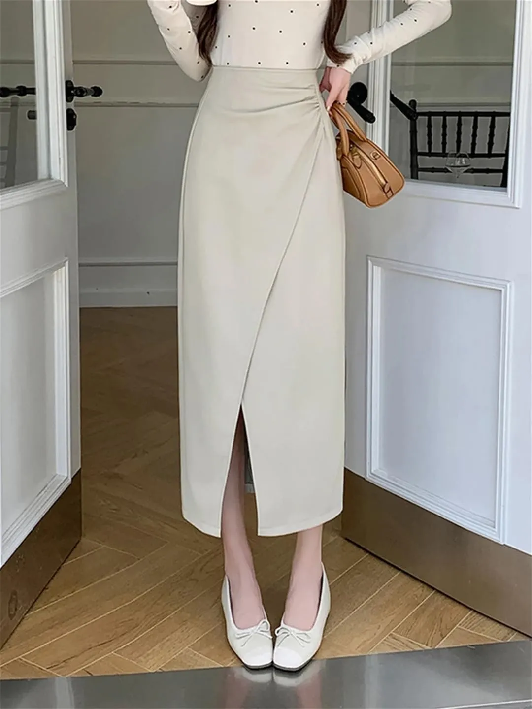 Women Irregular PU Leather Pencil Skirts High Waist Sexy Open Split Slim Midi Skirt