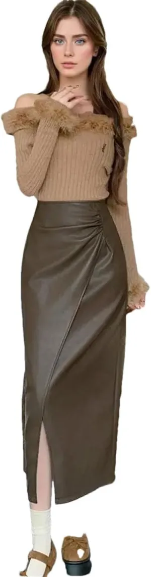 Women Irregular PU Leather Pencil Skirts High Waist Sexy Open Split Slim Midi Skirt
