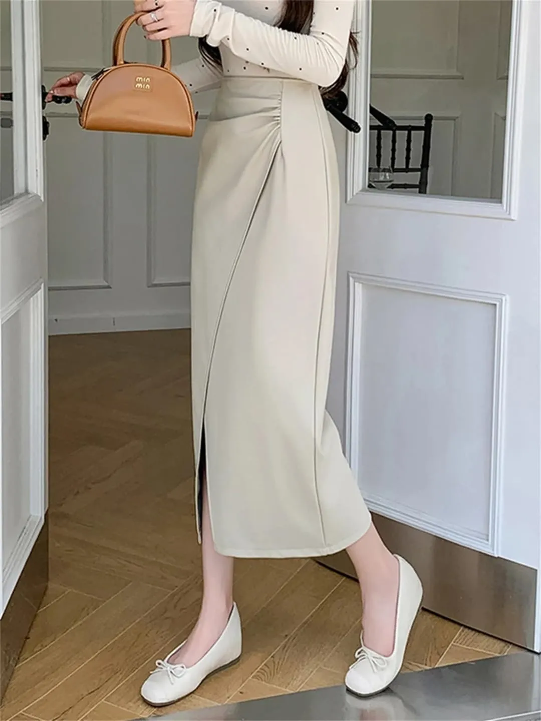 Women Irregular PU Leather Pencil Skirts High Waist Sexy Open Split Slim Midi Skirt