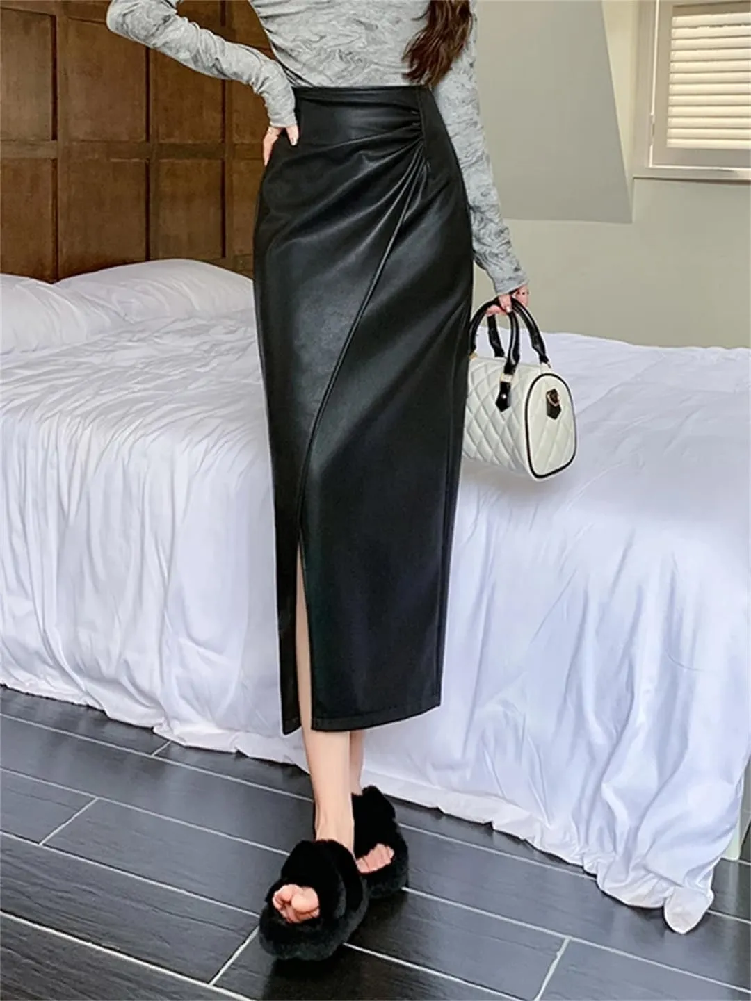 Women Irregular PU Leather Pencil Skirts High Waist Sexy Open Split Slim Midi Skirt