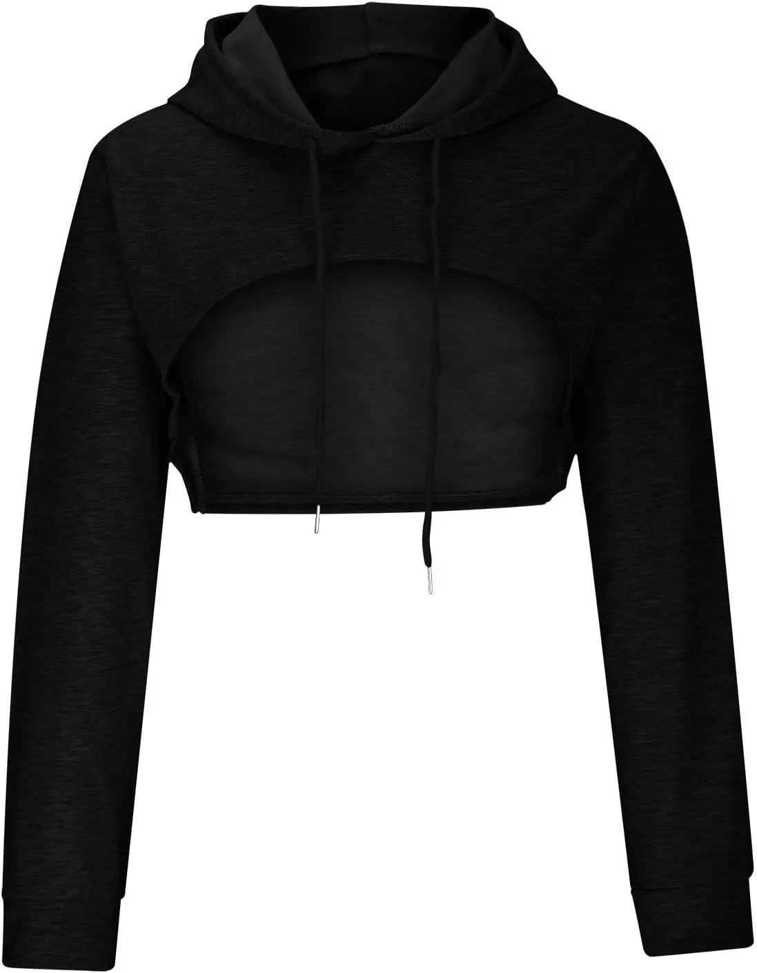 Women Long Sleeve Cropped Hoodies Cut Out Front Super Crop Top Drawstring Workout Aesthetic Hip Hop Sexy Sweatshirts