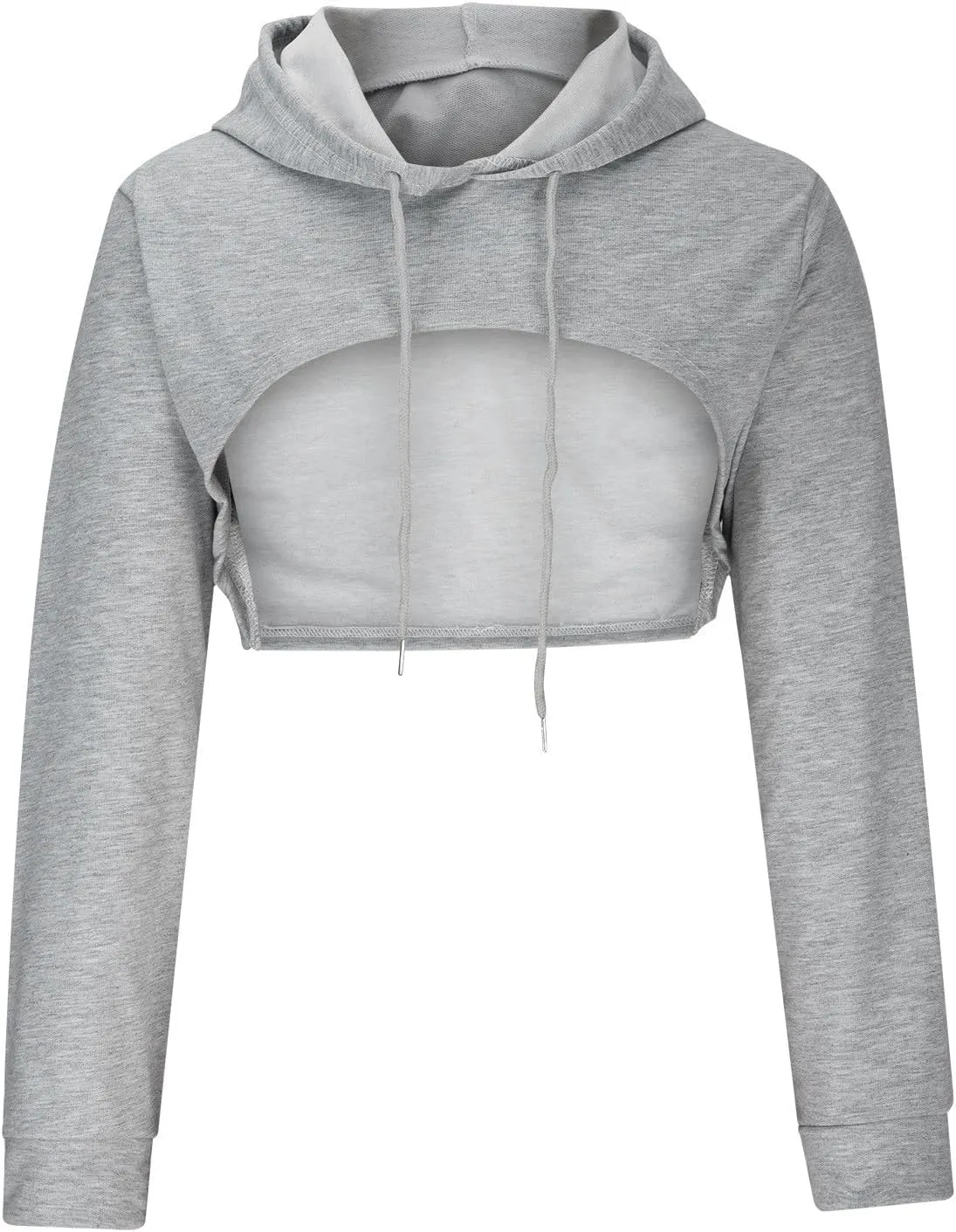 Women Long Sleeve Cropped Hoodies Cut Out Front Super Crop Top Drawstring Workout Aesthetic Hip Hop Sexy Sweatshirts