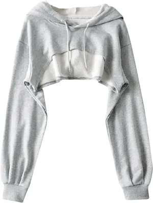 Women Long Sleeve Cropped Hoodies Cut Out Front Super Crop Top Drawstring Workout Aesthetic Hip Hop Sexy Sweatshirts
