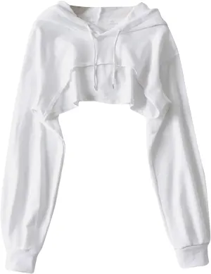 Women Long Sleeve Cropped Hoodies Cut Out Front Super Crop Top Drawstring Workout Aesthetic Hip Hop Sexy Sweatshirts