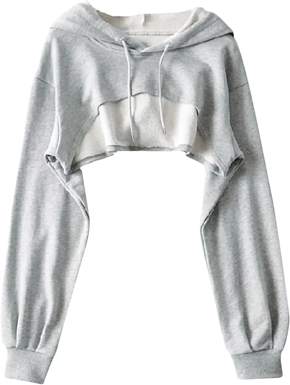 Women Long Sleeve Cropped Hoodies Cut Out Front Super Crop Top Drawstring Workout Aesthetic Hip Hop Sexy Sweatshirts