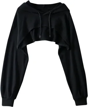Women Long Sleeve Cropped Hoodies Cut Out Front Super Crop Top Drawstring Workout Aesthetic Hip Hop Sexy Sweatshirts